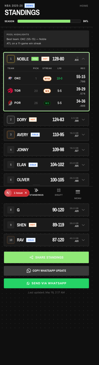 WinsPool standings view